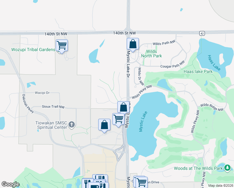 map of restaurants, bars, coffee shops, grocery stores, and more near 14406 Brookmere Boulevard Northwest in Prior Lake