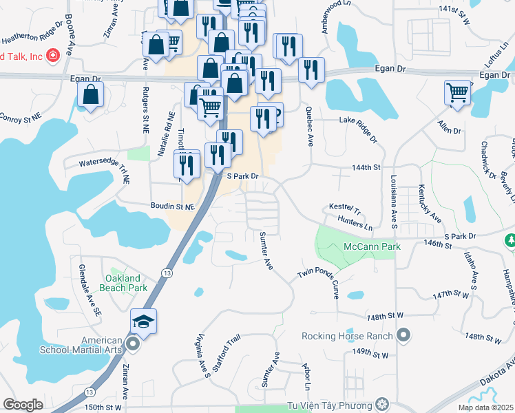 map of restaurants, bars, coffee shops, grocery stores, and more near 7621 Parkridge Way in Savage