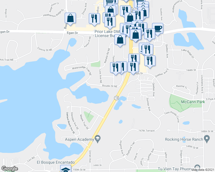 map of restaurants, bars, coffee shops, grocery stores, and more near 6806 Boudin Street Northeast in Prior Lake