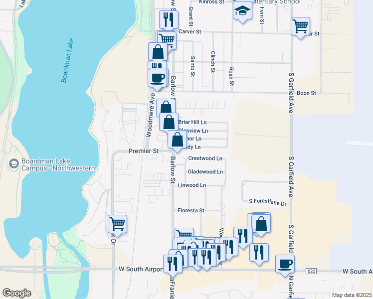 map of restaurants, bars, coffee shops, grocery stores, and more near 1600 Crescent Street in Traverse City