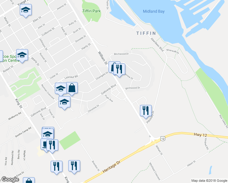 map of restaurants, bars, coffee shops, grocery stores, and more near 71 Bowling Green Estates in Midland