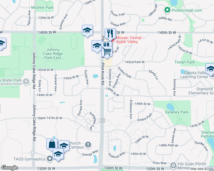 map of restaurants, bars, coffee shops, grocery stores, and more near 14364 Empire Avenue in Apple Valley