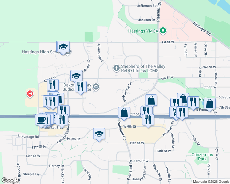 map of restaurants, bars, coffee shops, grocery stores, and more near 1475 Whispering Court in Hastings