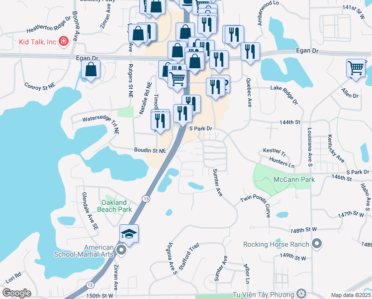 map of restaurants, bars, coffee shops, grocery stores, and more near 14449 State Highway 13 in Prior Lake