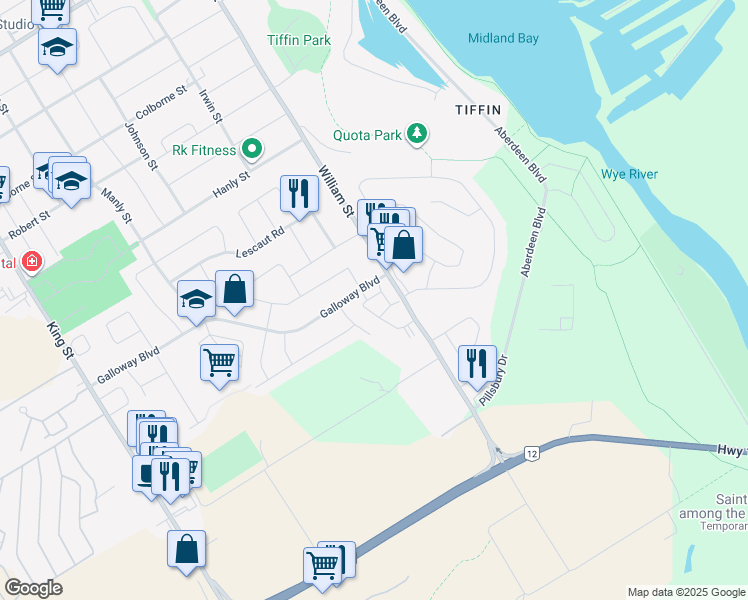 map of restaurants, bars, coffee shops, grocery stores, and more near 71 Bowling Green Estates in Midland