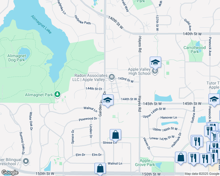 map of restaurants, bars, coffee shops, grocery stores, and more near 14370 Hickory Way in Apple Valley