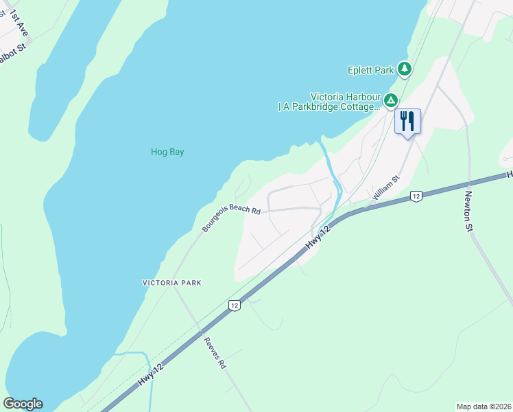 map of restaurants, bars, coffee shops, grocery stores, and more near 28 Bourgeois Beach Road in Simcoe County