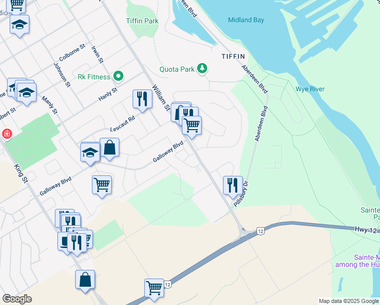 map of restaurants, bars, coffee shops, grocery stores, and more near 778 William Street in Midland