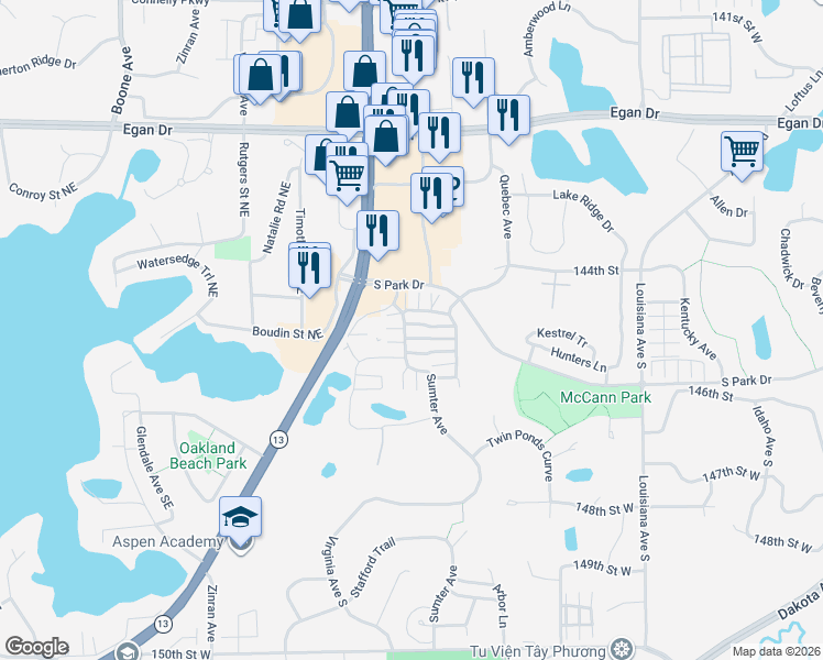 map of restaurants, bars, coffee shops, grocery stores, and more near 7621 Parkridge Way in Savage