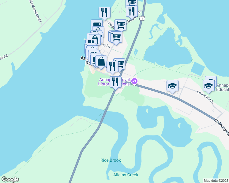 map of restaurants, bars, coffee shops, grocery stores, and more near 2 Prince Albert Road in Annapolis Royal
