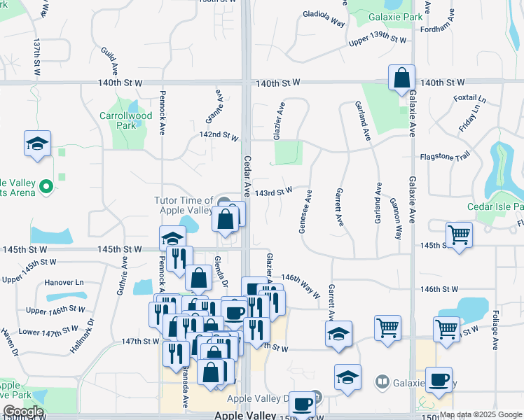 map of restaurants, bars, coffee shops, grocery stores, and more near 14437 Gladiola Court in Apple Valley