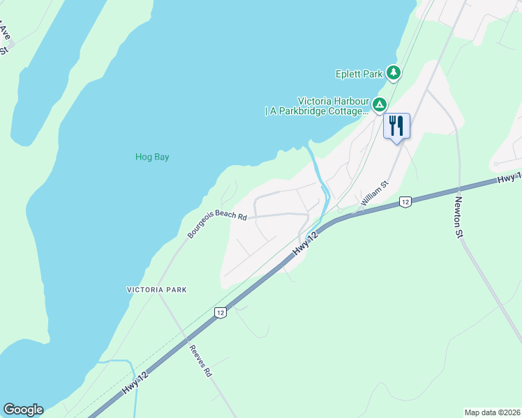 map of restaurants, bars, coffee shops, grocery stores, and more near 23 Bourgeois Beach Road in Simcoe County