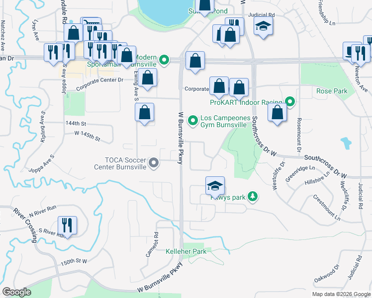 map of restaurants, bars, coffee shops, grocery stores, and more near 3412 West Park Drive in Burnsville