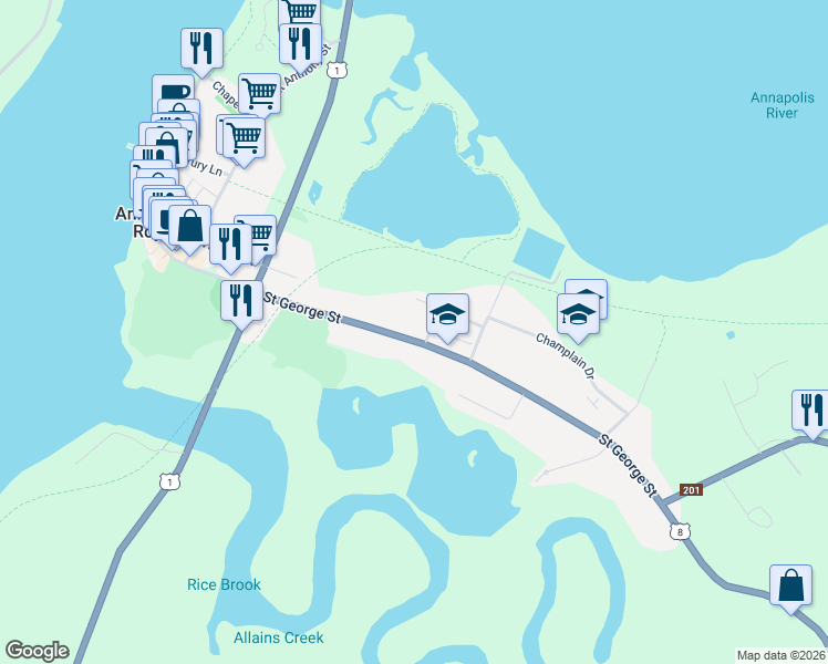 map of restaurants, bars, coffee shops, grocery stores, and more near 548 St George St in Annapolis Royal