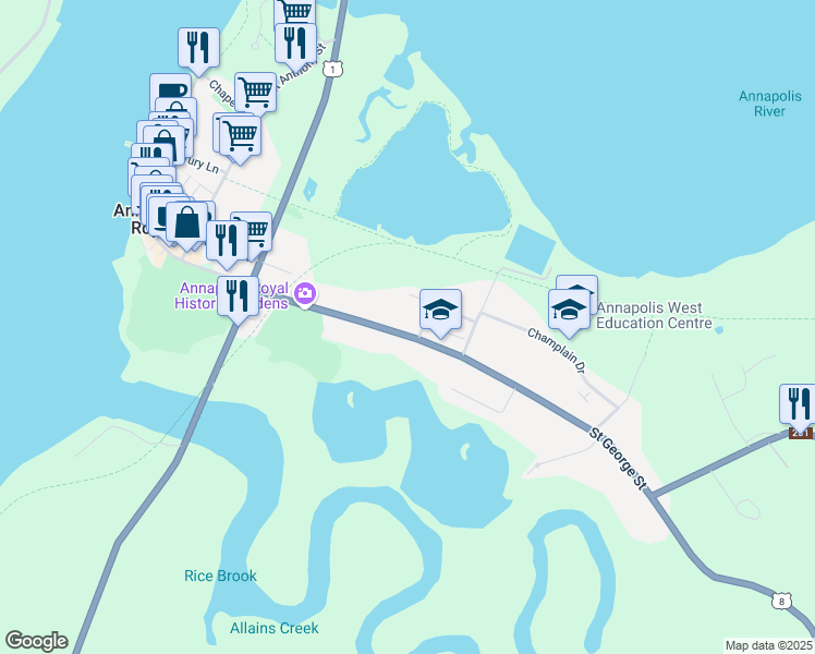 map of restaurants, bars, coffee shops, grocery stores, and more near 548 St George St in Annapolis Royal