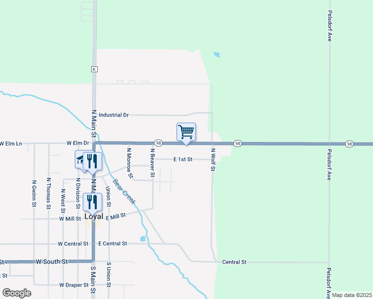 map of restaurants, bars, coffee shops, grocery stores, and more near 506 East 1st Street in Loyal