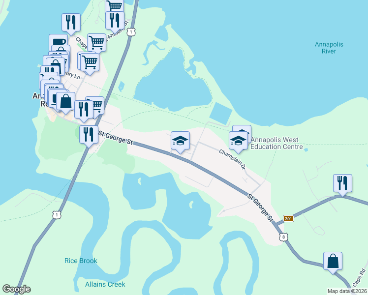 map of restaurants, bars, coffee shops, grocery stores, and more near 151 Ritchie Street in Annapolis Royal