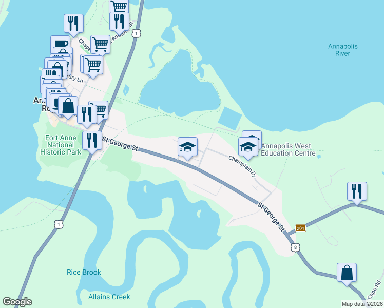 map of restaurants, bars, coffee shops, grocery stores, and more near 585 Nova Scotia Trunk 8 in Annapolis Royal