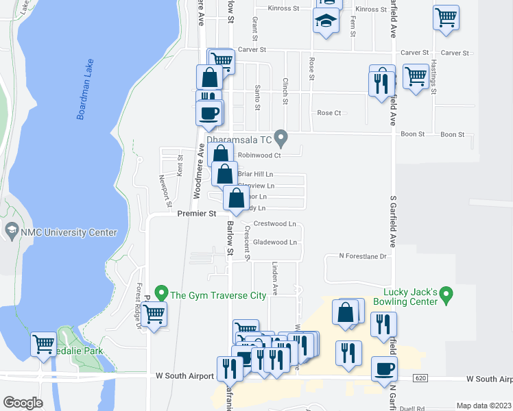 map of restaurants, bars, coffee shops, grocery stores, and more near 829 Shady Lane in Traverse City