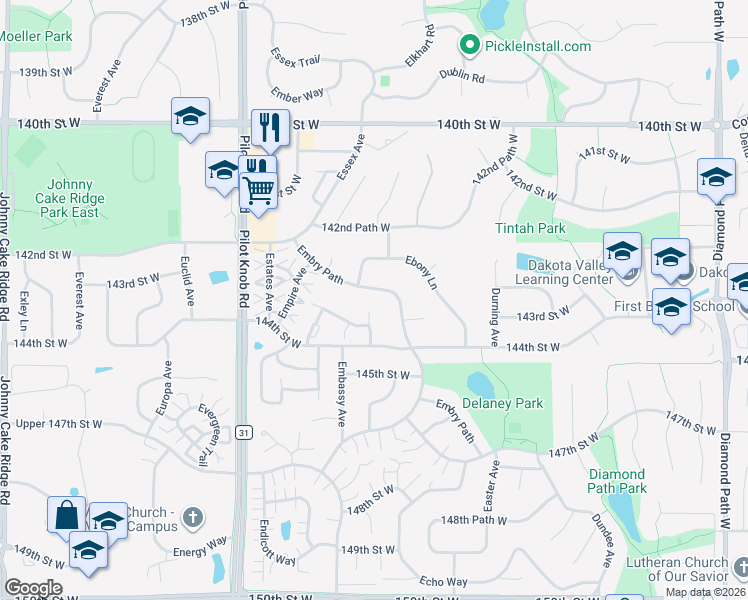 map of restaurants, bars, coffee shops, grocery stores, and more near 14329 Embassy Way in Apple Valley