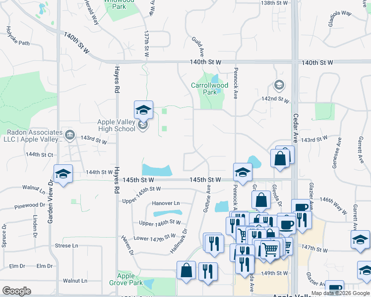 map of restaurants, bars, coffee shops, grocery stores, and more near 14403 Guthrie Way in Apple Valley