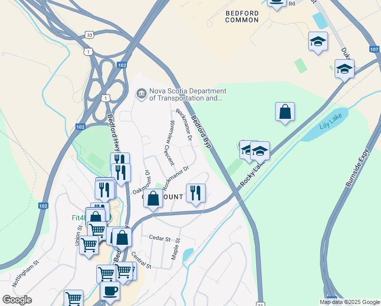 map of restaurants, bars, coffee shops, grocery stores, and more near 88 Birchwood Court in Bedford