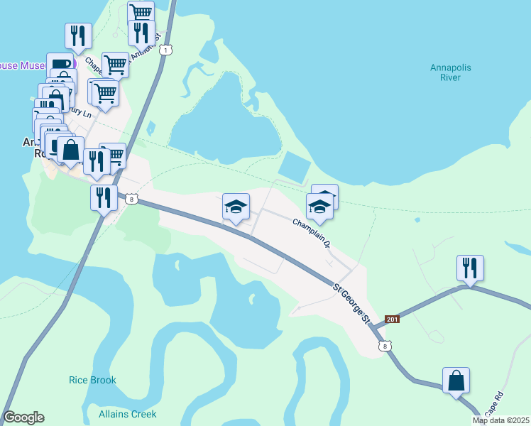 map of restaurants, bars, coffee shops, grocery stores, and more near 62 School Street in Annapolis Royal