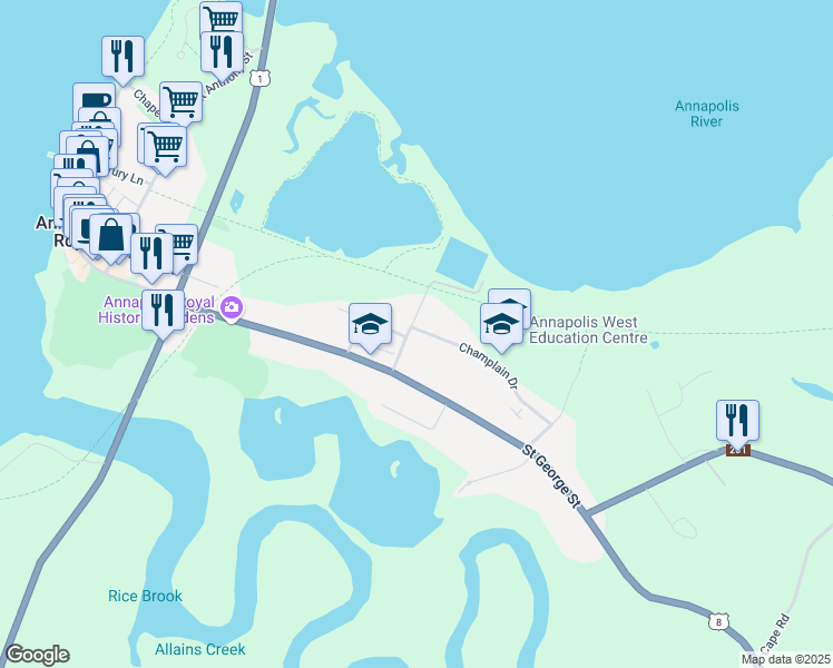 map of restaurants, bars, coffee shops, grocery stores, and more near 62 School Street in Annapolis Royal
