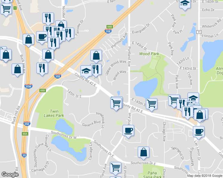 map of restaurants, bars, coffee shops, grocery stores, and more near 411 Wood Way in Burnsville
