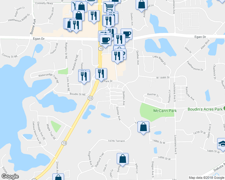 map of restaurants, bars, coffee shops, grocery stores, and more near 7622 Southridge Lane in Savage