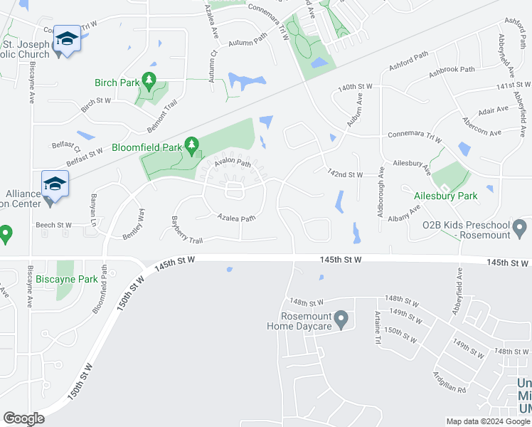 map of restaurants, bars, coffee shops, grocery stores, and more near 14224 Azalea Path in Rosemount