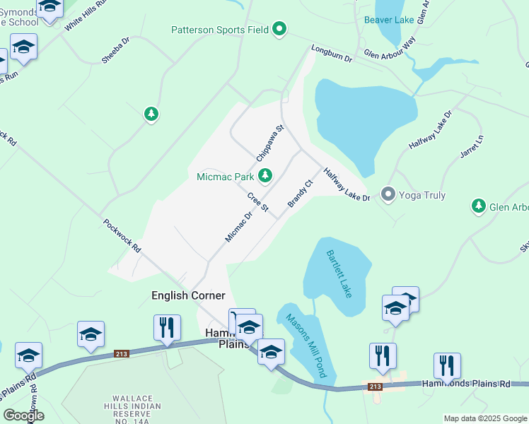 map of restaurants, bars, coffee shops, grocery stores, and more near 115 Micmac Drive in Hammonds Plains