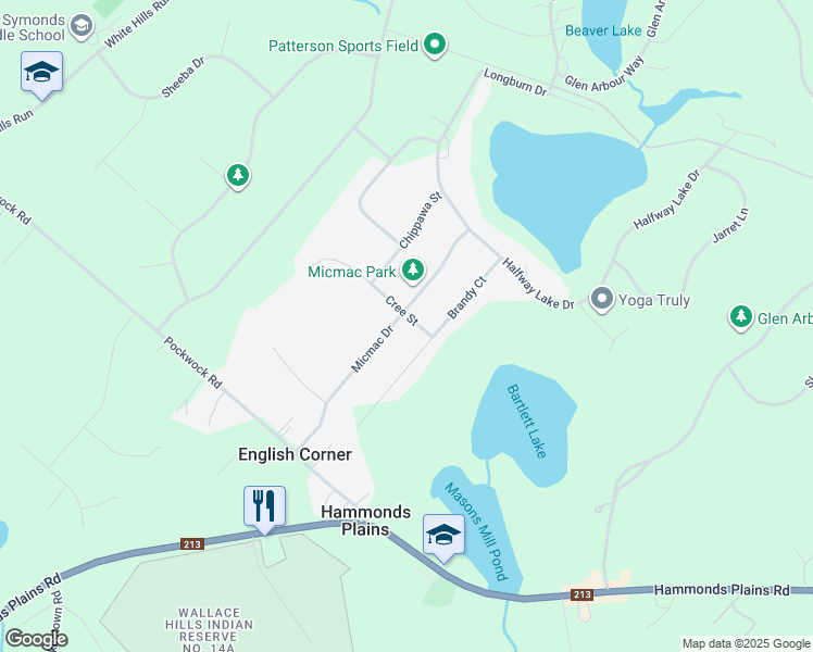 map of restaurants, bars, coffee shops, grocery stores, and more near 115 Micmac Drive in Hammonds Plains