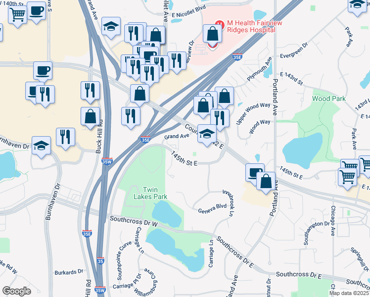 map of restaurants, bars, coffee shops, grocery stores, and more near 14418 Grand Avenue in Burnsville