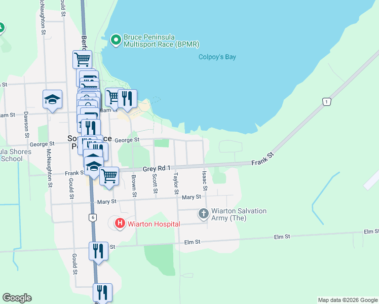 map of restaurants, bars, coffee shops, grocery stores, and more near 563 George Street in Wiarton