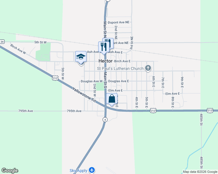 map of restaurants, bars, coffee shops, grocery stores, and more near 341 Main Street South in Hector