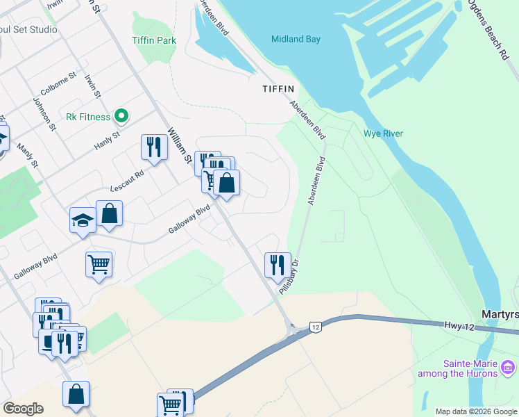 map of restaurants, bars, coffee shops, grocery stores, and more near 857 Birchwood Drive in Midland