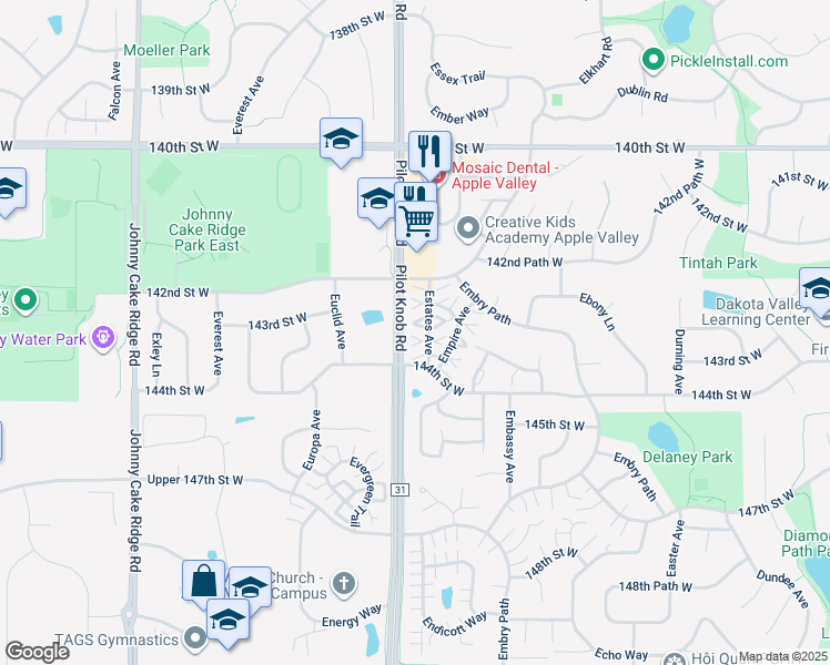 map of restaurants, bars, coffee shops, grocery stores, and more near 14304 Estates Avenue in Apple Valley