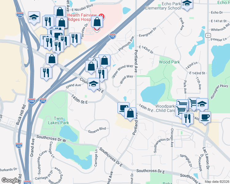 map of restaurants, bars, coffee shops, grocery stores, and more near 352 Upper Wood Way in Burnsville