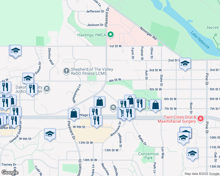 map of restaurants, bars, coffee shops, grocery stores, and more near 501 Westview Drive in Hastings
