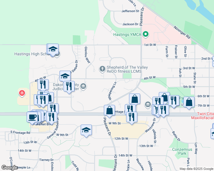 map of restaurants, bars, coffee shops, grocery stores, and more near 1481 4th Street West in Hastings