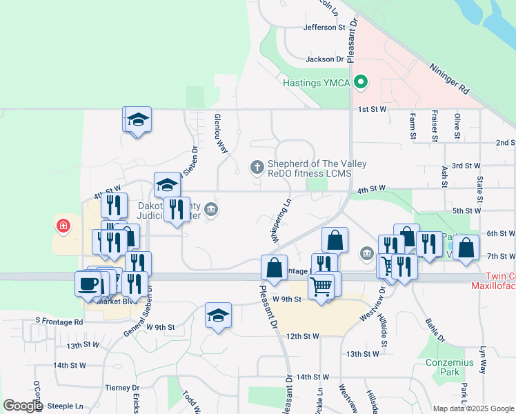 map of restaurants, bars, coffee shops, grocery stores, and more near 1470 Whispering Court in Hastings