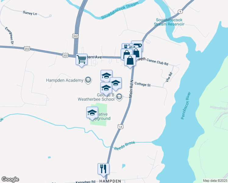 map of restaurants, bars, coffee shops, grocery stores, and more near 22 Main Road North in Hampden
