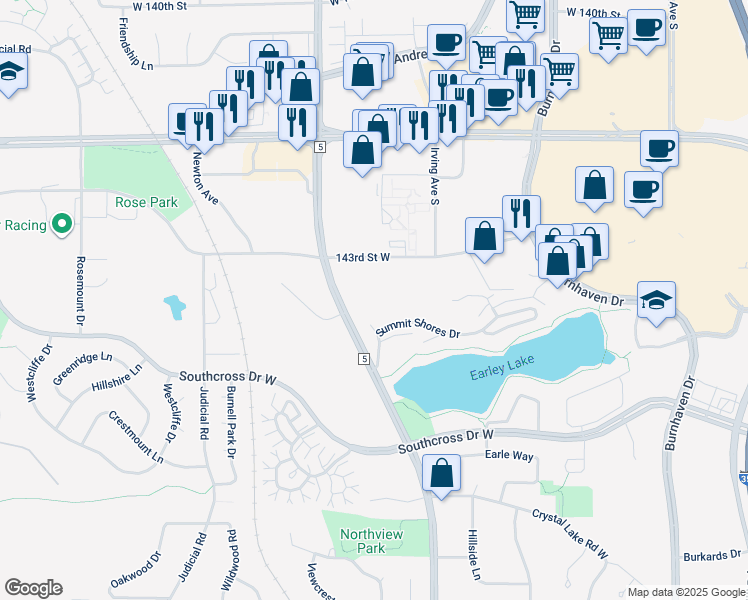 map of restaurants, bars, coffee shops, grocery stores, and more near 1311 143rd Street West in Burnsville