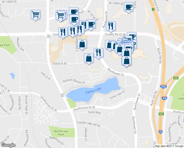 map of restaurants, bars, coffee shops, grocery stores, and more near 1561 Summit Shores Way in Burnsville