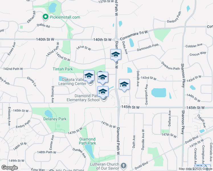 map of restaurants, bars, coffee shops, grocery stores, and more near 4629 144th Street West in Apple Valley