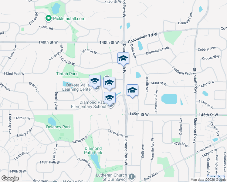 map of restaurants, bars, coffee shops, grocery stores, and more near 4629 144th Street West in Apple Valley