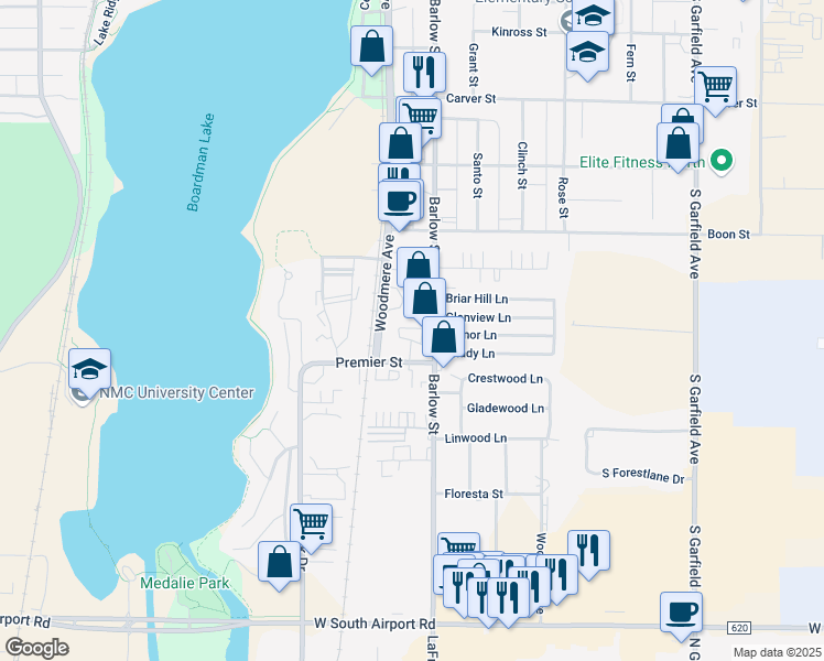 map of restaurants, bars, coffee shops, grocery stores, and more near 1540 Barlow Street in Traverse City