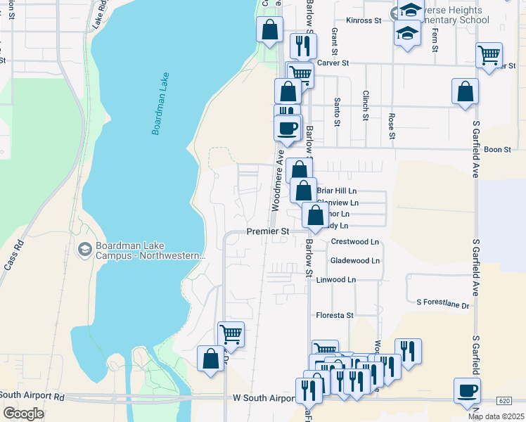 map of restaurants, bars, coffee shops, grocery stores, and more near 1511 Kent Street in Traverse City