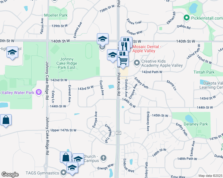 map of restaurants, bars, coffee shops, grocery stores, and more near 5520 142nd Street West in Saint Paul